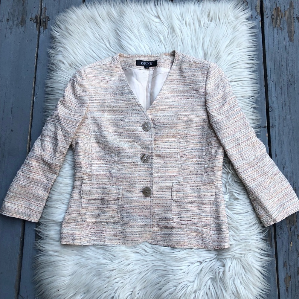 Kasper Tweed Skinny Stripes Collarless Button Front Beige Blazer Jacket size 8